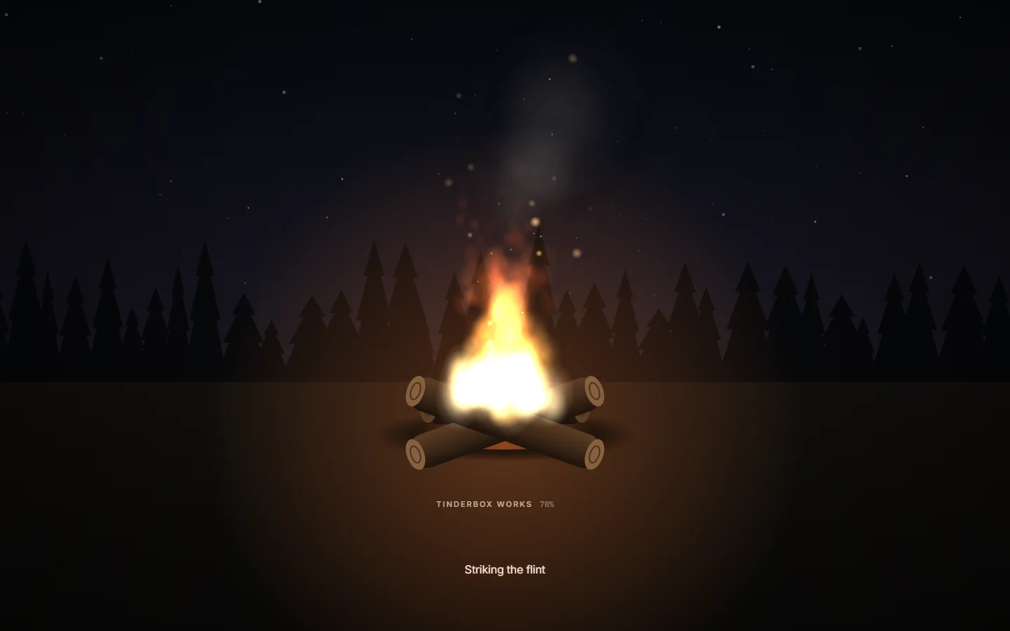 The old loading screen: a campfire of crossed logs in front of a dark treeline