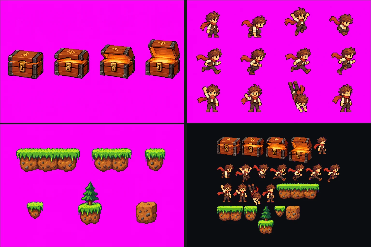 The three sprite sheets from ChatGPT (the box, the hero, the level pieces) and the small atlas cut from them