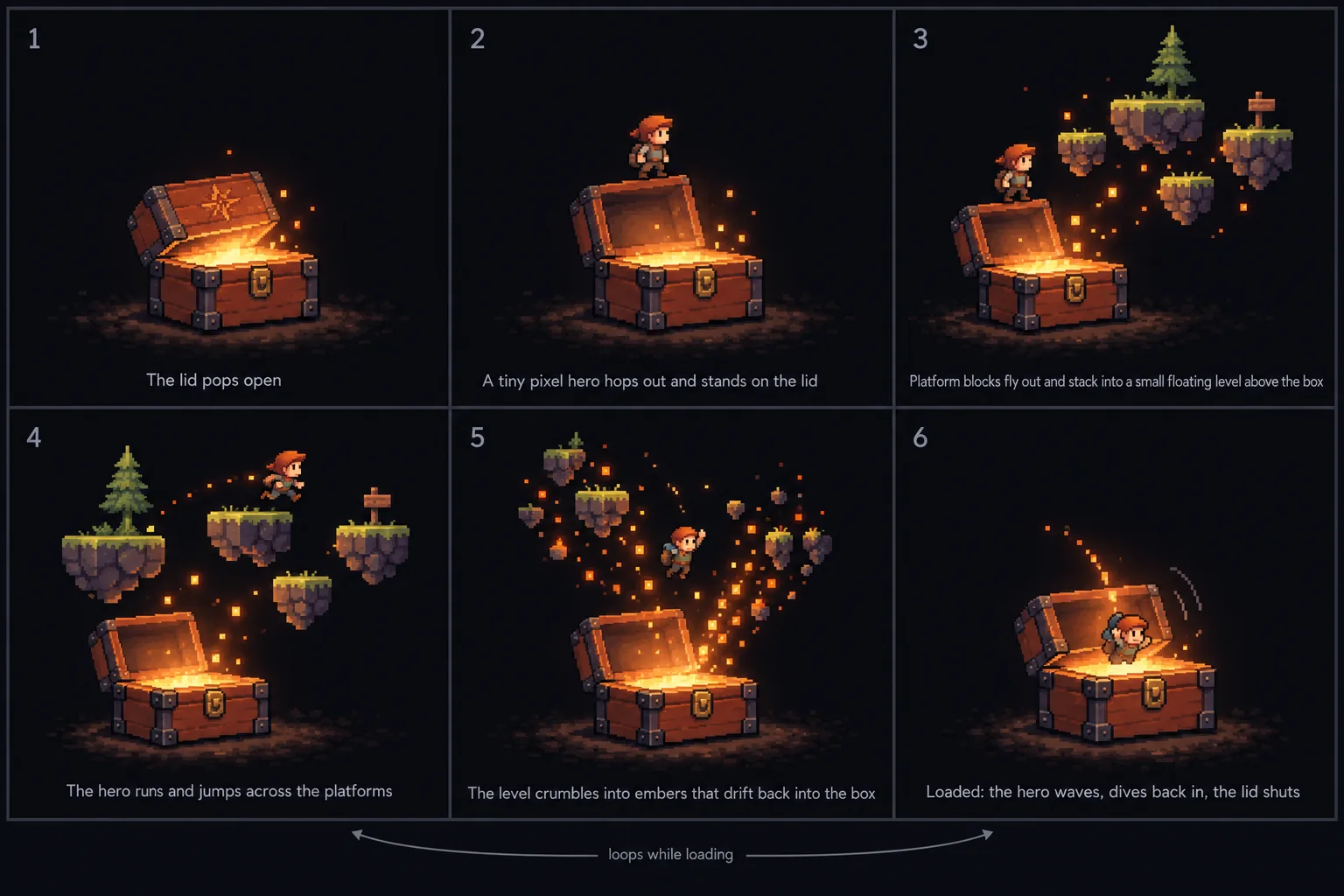 Six panels: a hero hops out of the box, platforms stack into a small level, the hero jumps across, the level crumbles into embers