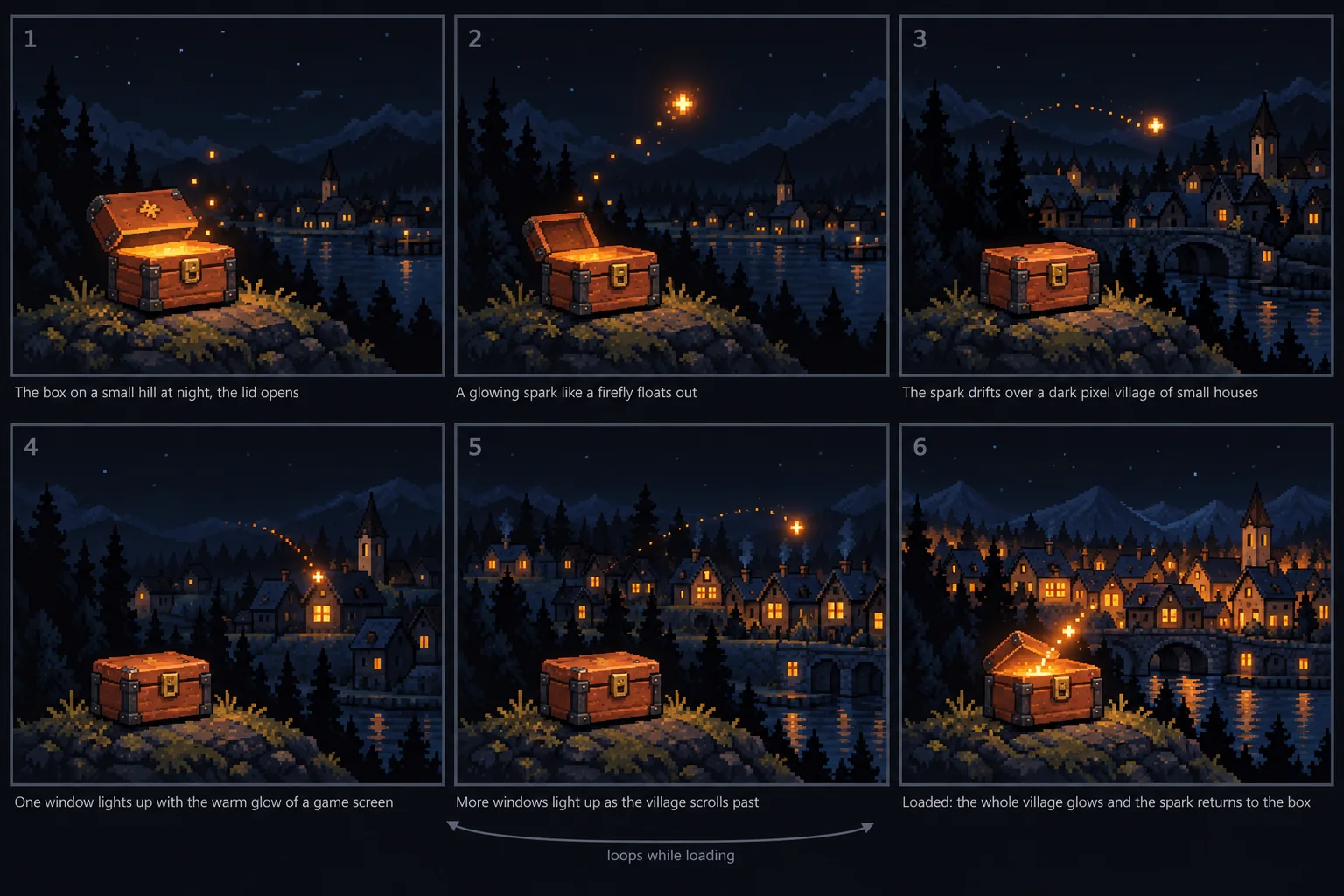 Six panels: a spark leaves the box and lights up the windows of a pixel village