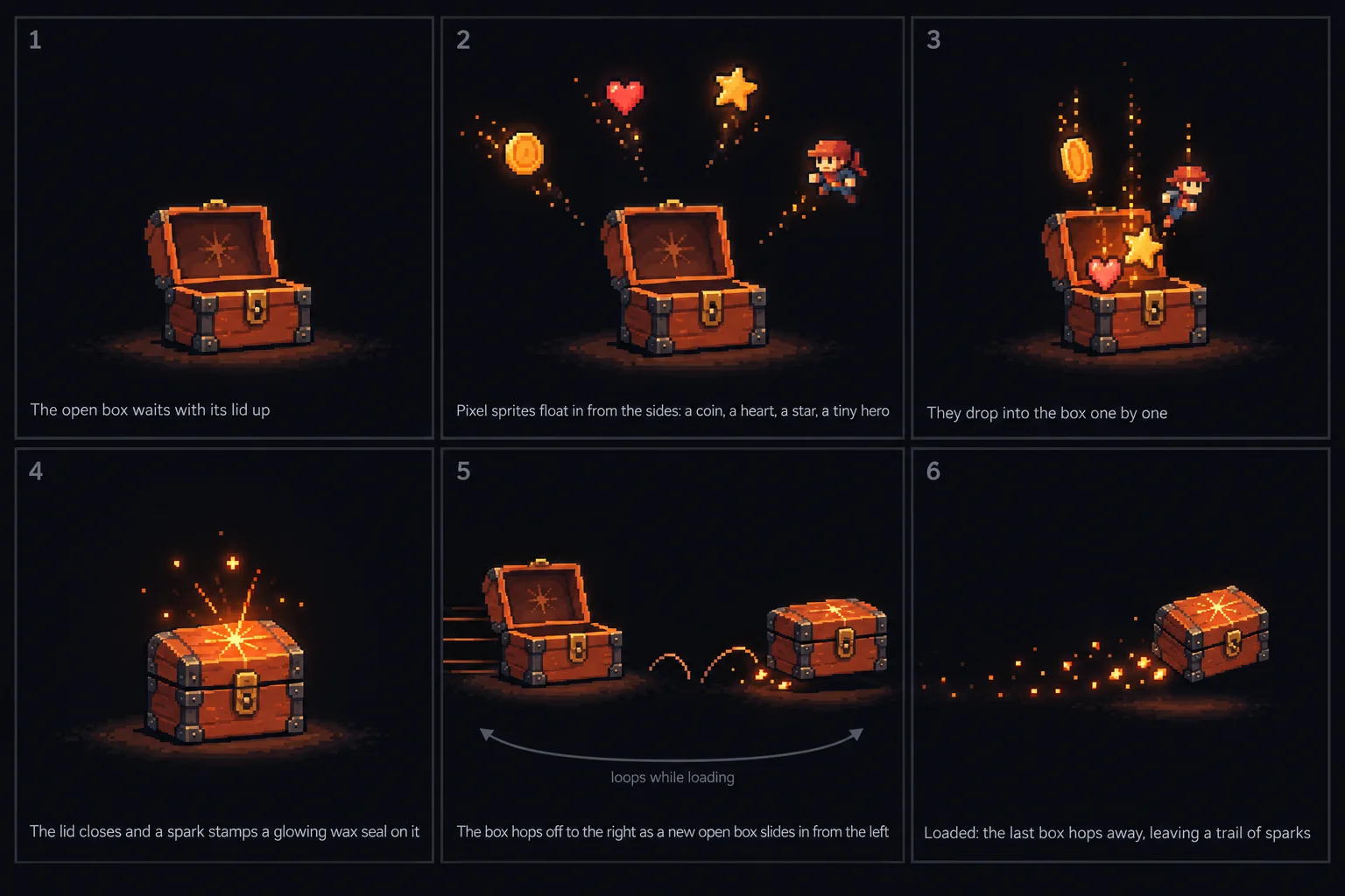 Six panels: sprites drop into the box, the lid is sealed and the box hops away
