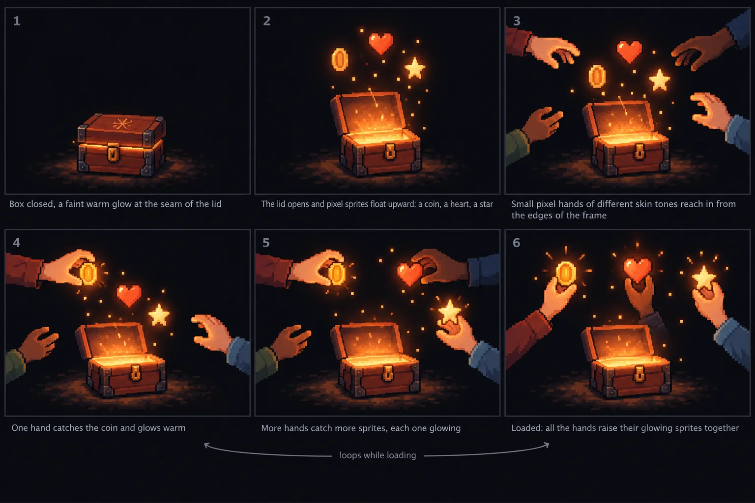 Six panels: sprites float out of the box and hands of players catch them